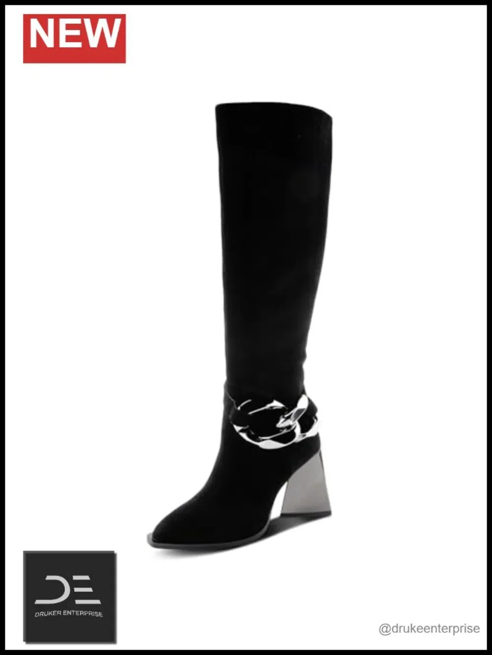 Vegan Microsuede Knee High Boots with Ankle Chains and Heel